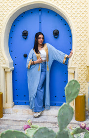 Abaya Bleu Doré - Tissu Léger et Finitions Dorées Fait Main