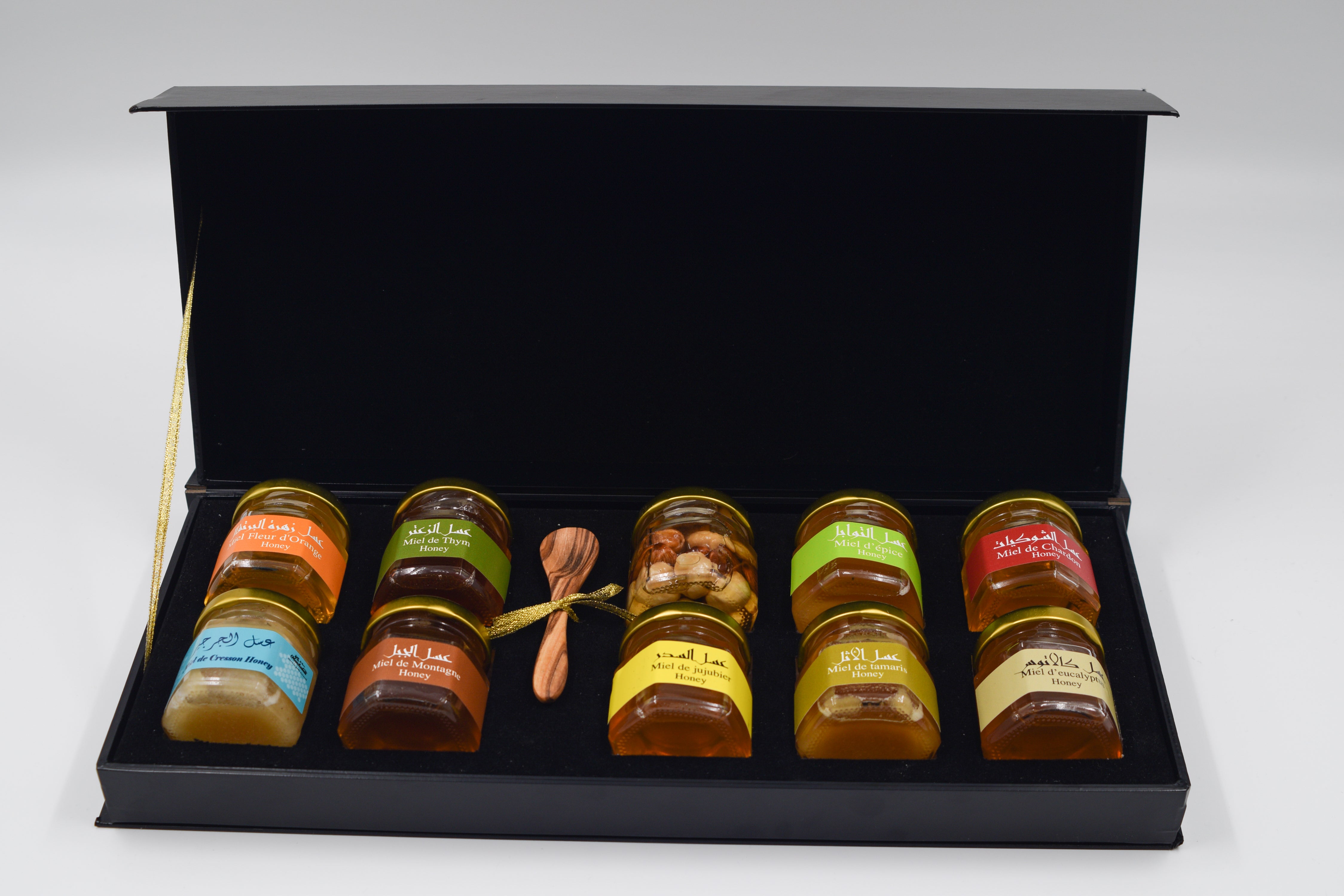 Coffret de 10 Petits Pots de Miel Tunisiens avec Cuillère en Bois