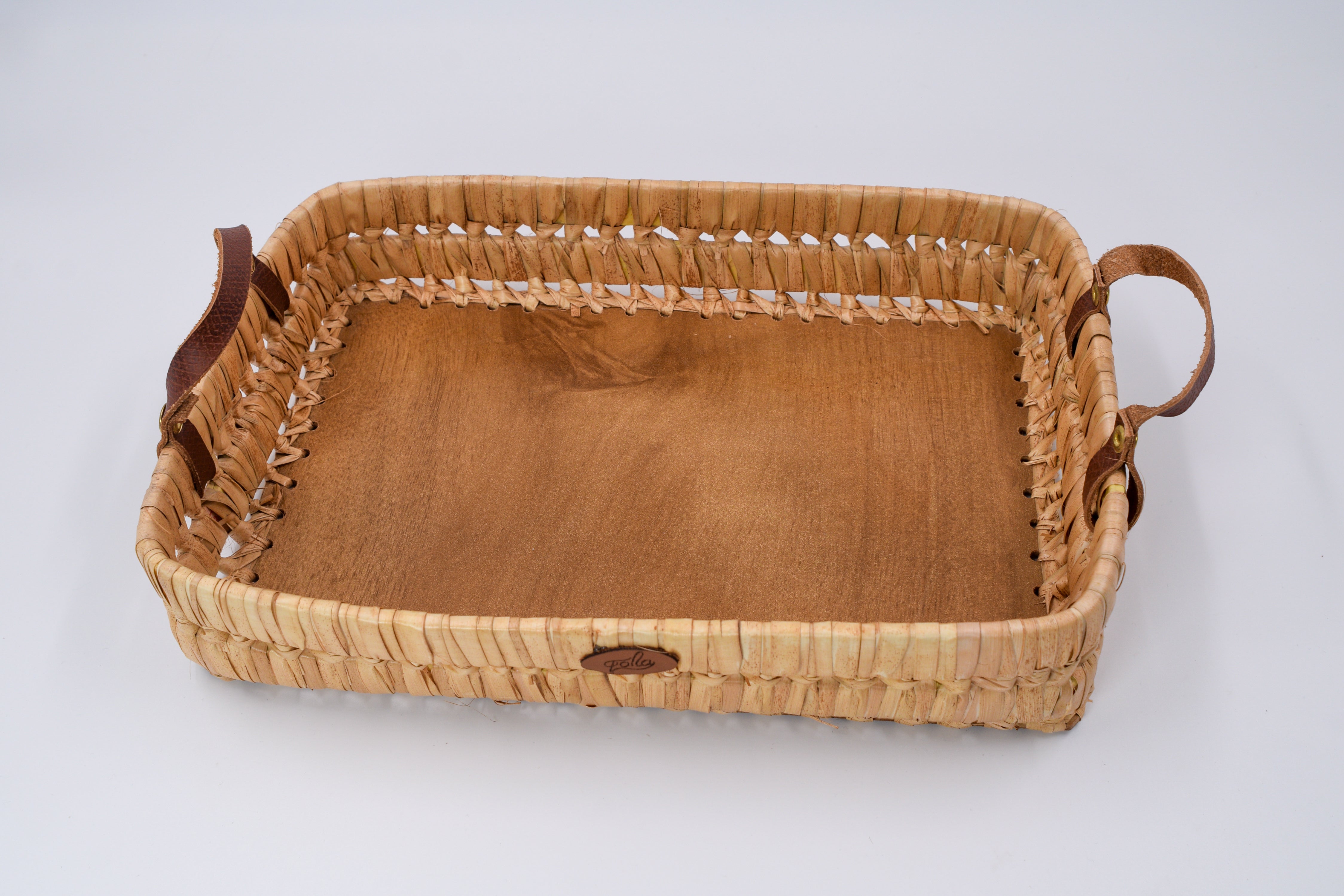 Plateau Artisan en Fibres Naturelles avec Poignées en Cuir