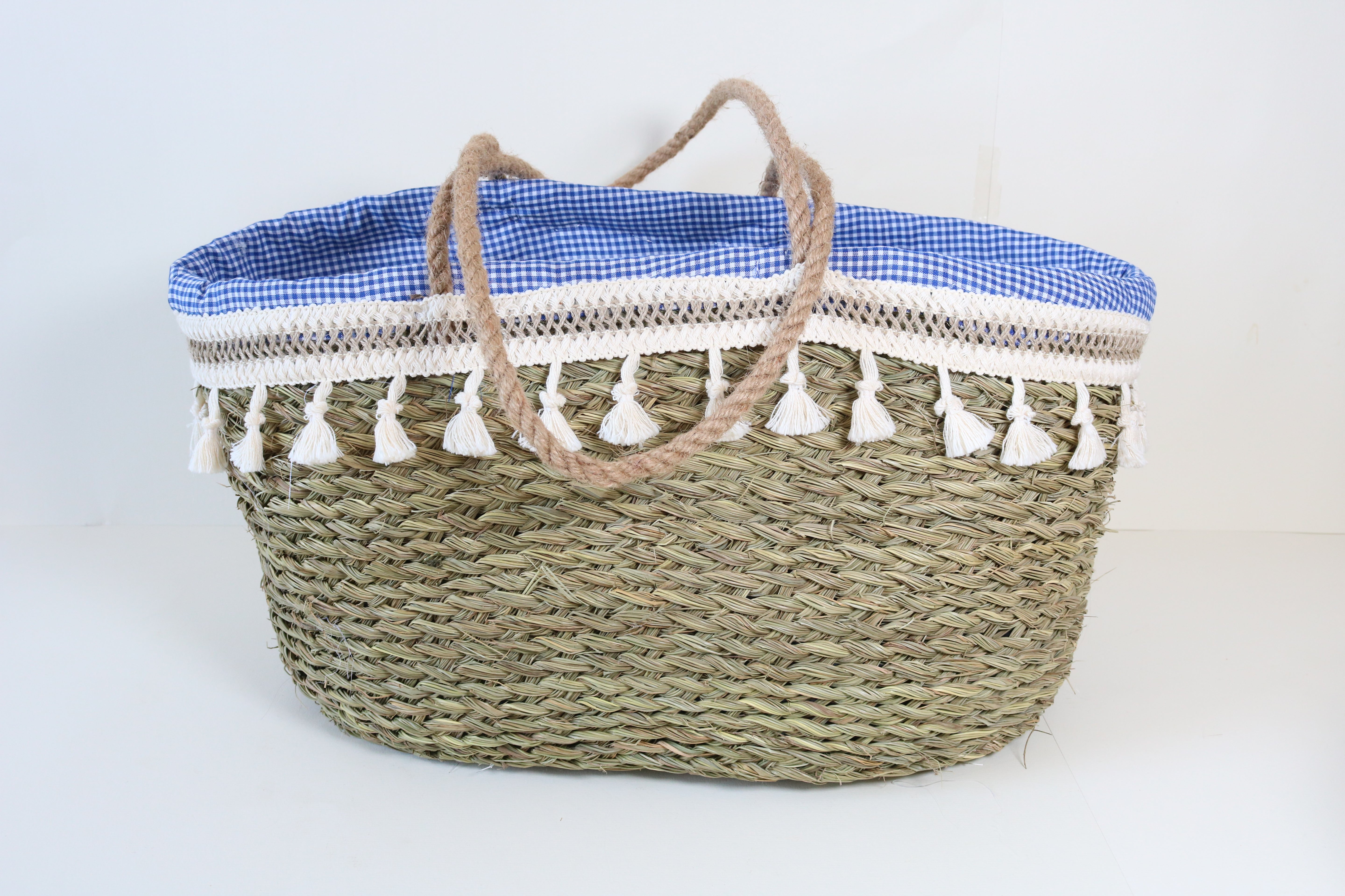 couffin en alfa et tissu  avec anses en corde