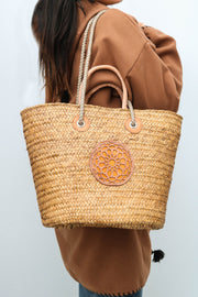 Sac en fibre de palmier avec anses en cuir marron