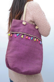 Sac de plage en jute de toile avec pompons