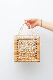 Sac à main carre en rotin et perle