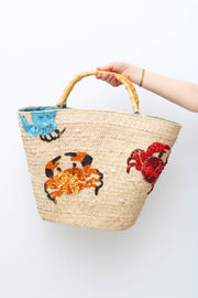 Sac de plage en jonc naturel, brodé en crabes de mer
