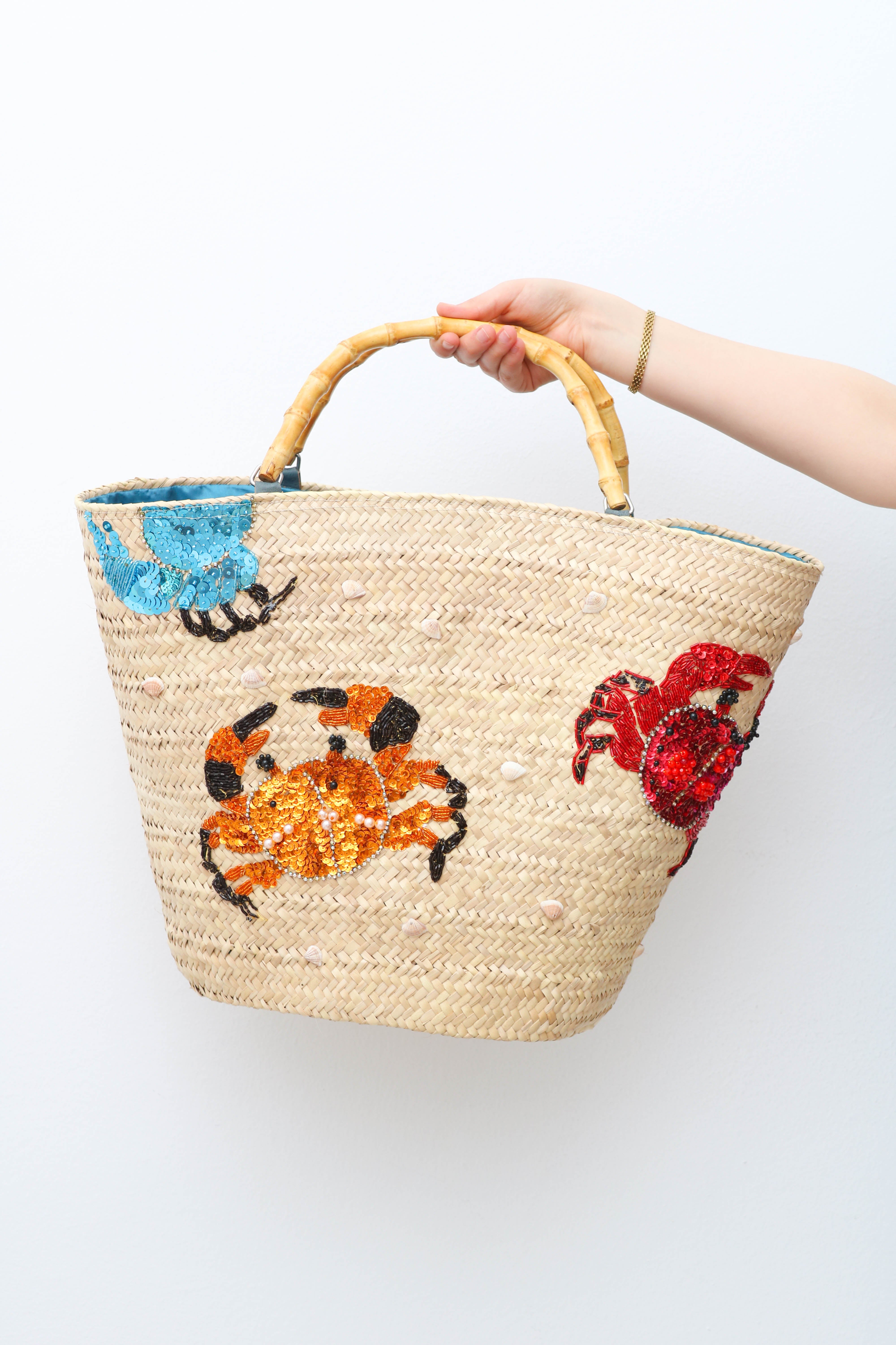 Sac de plage en jonc naturel, brodé en crabes de mer
