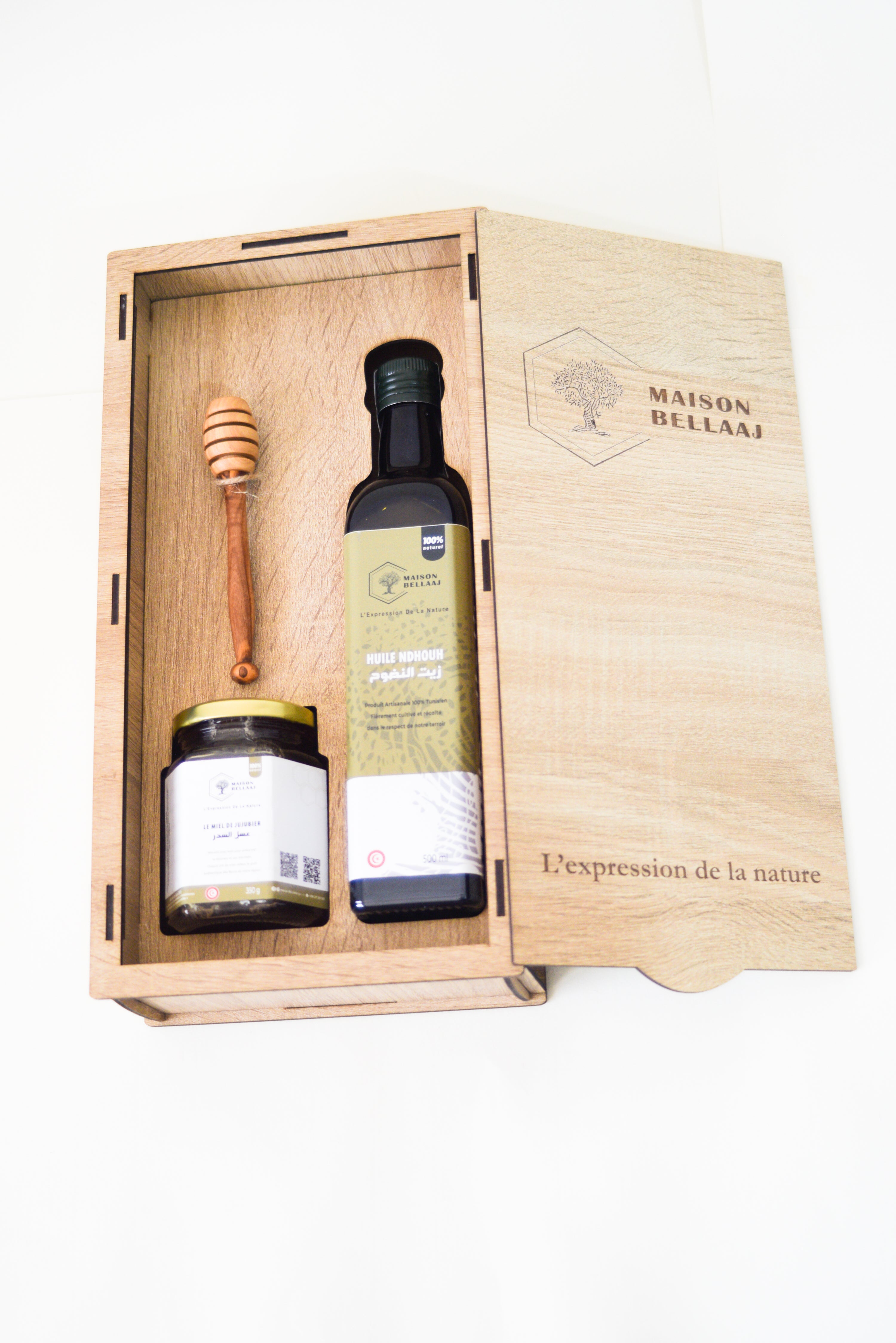 Coffret huile d'olive+miel+cuillère en bois